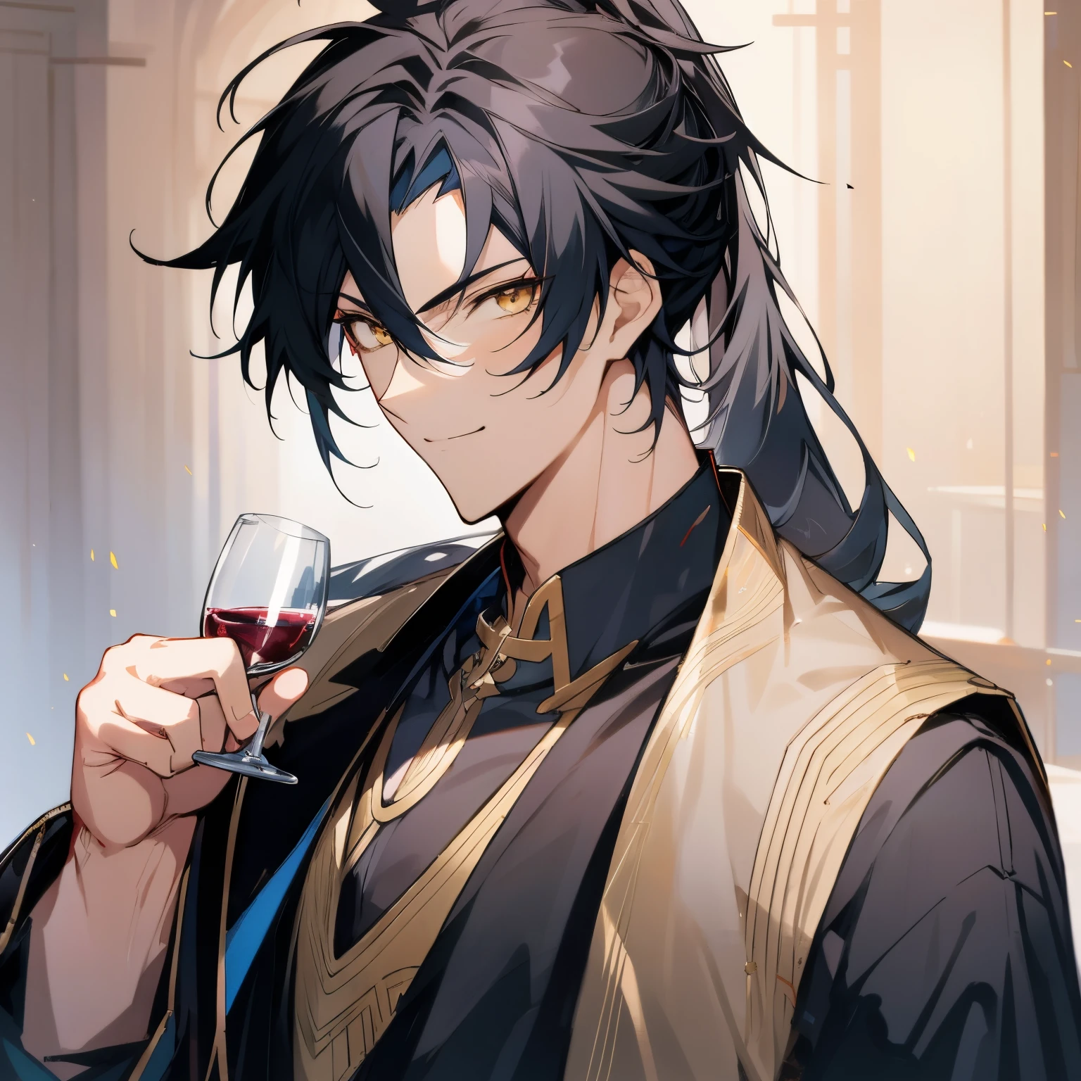 Anime boy with black hair and black clothes,cabelos preto e longos，gold eyes，high ponytails，（Smilingly）ssmile，holding a wine cup，Blackn clothes，gilgamesh, grand order of destiny, style anime, Like fate/spend the night with, destiny / spend the night with, Portrait of a magical blond prince, handsome anime pose, Fate still stays at night, joseph joestar, male anime characters, Produced by Anime Painter Studio, 8K!Chinese furniture，Lavish palace，