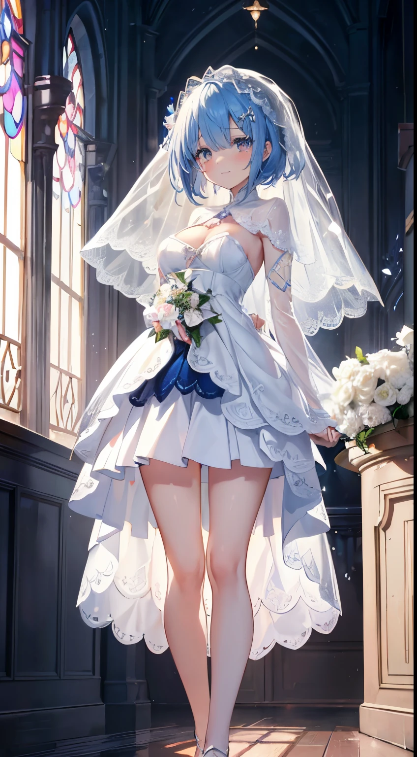 extra detailed face, Perfect Lighting, extremely details CG, 4K、8K、be shy、mournful smile、(Perfect hands, Perfect Anatomy)、Ultra-realistic photo of a girl in a beautiful white wedding dress, Big beautiful dress,all white wedding dress、Silk Veil、White dress with frills(Best Quality, masutepiece, art stations, Fantasy Art:1.2),chies,chapel、Beautiful stained glass、beautiful white bouquet、Beautiful cute girl, Rem of Rezero、Height 150cm、(Blue shorthair:1.3), Bangs hide one eye、Tears of joy、(intricate short white skirt, Bare legs:1.2, Full body shot)、very Bigger breasts、cleavage of the breast、Nipples show through、、No pubic hair(Clearly visible detailed female pubic shape: 1.4)、skirt rift、Thin leg、Skinny Legs、very very short skirt、low angles、Peeking out the skirt from below