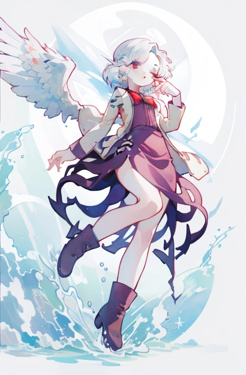 (best quality,8k,sharp focus,anime,watercolor illustration,colorful,vibrant colors,imaginative,glowing lights,otherworldly,liquid is ethereal,white hair,red eyes,perfect face,golden ratio,bright eyes,watercolor,liquid light,one eye closed,complex background,abstract background,short boots,single wing,wings with white feathers,dancing white feathers,moon,pale blue background,purple dress,arrow shaped hemline,white coat)，kishin sagume ，