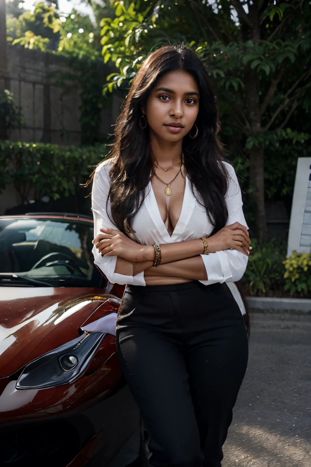 (photorealistic portrait:1.4), RAW UHD portrait full body photo of a 22-year-old Sri Lankan woman named Kasuni, long dark hair, dark skin, black eyes, feminine features, DSLR, ultra quality, sharp focus, tack sharp, photorealistic, detailed skin pores, oiled skin, intricate eye detail, vibrant expensive necklace, colorful bangles, earrings, black and white formal office attire, Sitting on driver's seat (Red Ferrari 458 spider), Montreal city busy outdoor car park background, evening natural sunlight on the face.