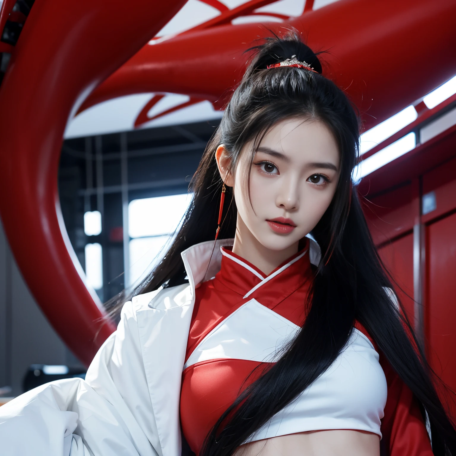 ChineseGirl,20yr old,researcher,Bust photo,longponytail,black color hair,floated hair,red color eyes,A plump chest,Open white coat,Crop tops,Suspension lining,scholar clothing,Keep your mouth shut,sideways standing,elegant and charming,Calm and serious,Futuristic fantasy,Lab Room,Mechanical instruments,hyper realisitc,8K,be full of details,Realistic