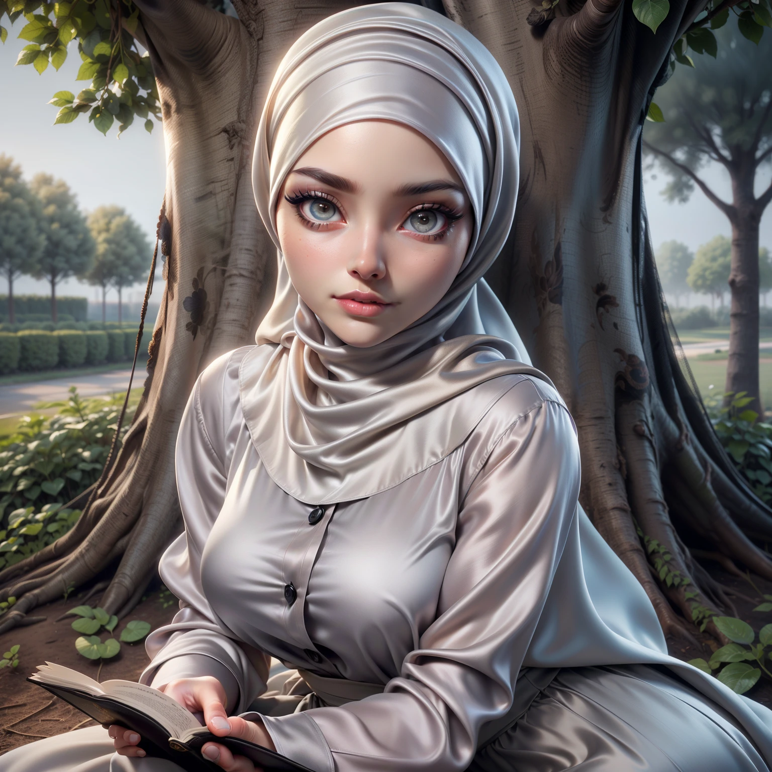 3DMM, ((Masterpiece, best quality, photography, detailed skin, realistic, photo-realistic, 8k, highly detailed, full length frame, High detail RAW color art, diffused soft lighting, shallow depth of field, sharp focus, hyperrealism, cinematic lighting, hijab, a woman in a beautifully makeup, smokey eyeshadow, beautiful big eyes, long eye lashes, wearing (Taupe satin hijab), loosely tide hijab style, ((gray satin shirt)), satin long maxi skirt, reading, sitting under tree, garden