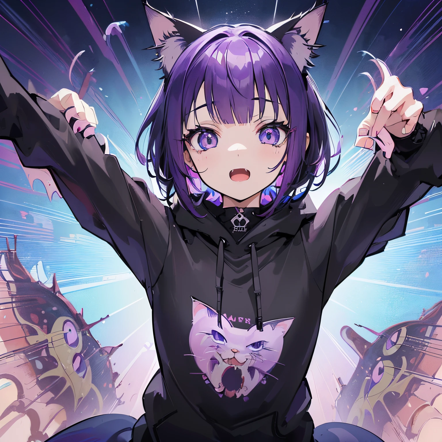 ((masuter piece,8k wallpaper,best qualtiy,girl with1a person)),Brilliant,(Best Quality), (Open your mouth and be overjoyed:1.2), (Illustration:0.8), (Beautiful detailed eyes:1.6), extra detailed face,animesque,animated painting,anime screen cap. (Purple hair)、Black hoodie、(short-hair)、(catss:1.6)
