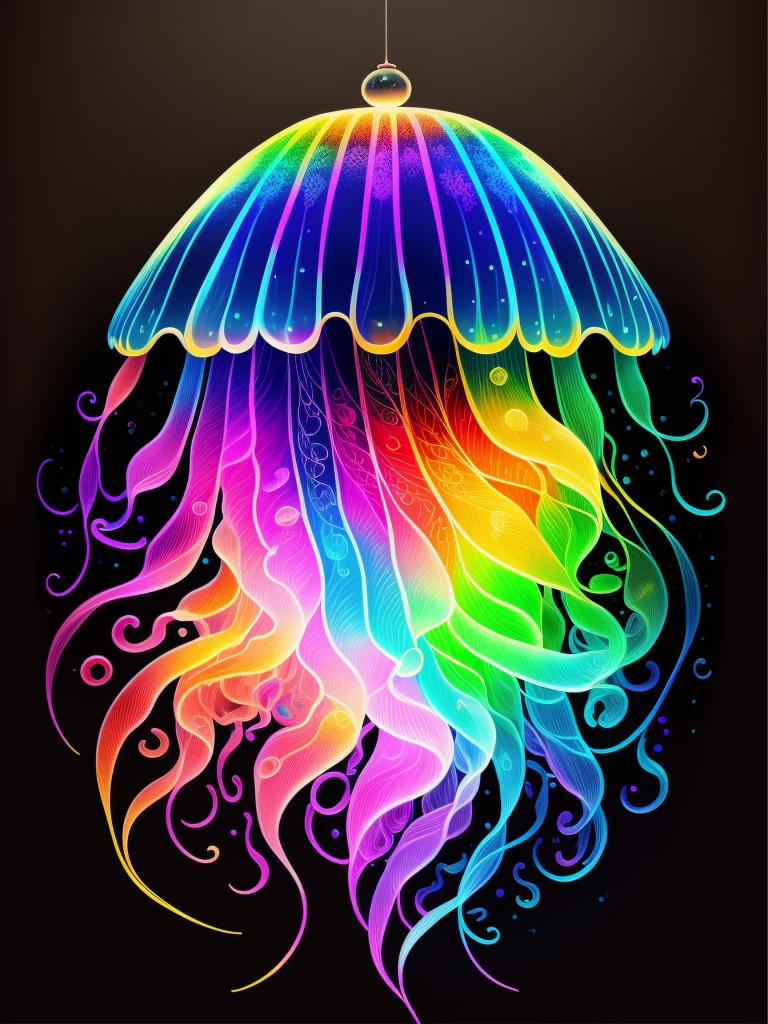 Colorful jellyfish drawing isolated on black background,, Breathtaking rendering, in a radiant connection, inspired by Kinuko Y. commerce,, magic elements, , pleura, is beautiful, Cast colorful spells, Bright flash, The Flash