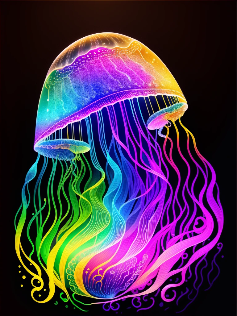 Colorful jellyfish drawing isolated on black background,, Breathtaking rendering, in a radiant connection, inspired by Kinuko Y. commerce,, magic elements, , pleura, is beautiful, Cast colorful spells, Bright flash, The Flash
