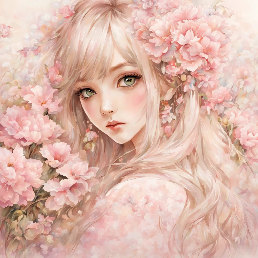 best quality,Ladies and bouquets,portrait closeup,She looked at me with very beautiful and kind eyes.Detailed Schneider Pastel Ink, soft and fantastic, Fluffy, (extremely fine and beautiful), (perfect detail)、(pastel color),Soft texture:1.2.(masutepiece, Best Quality), (finely detailed beautiful eye), (finely detailed eyes and detailed face),(pink silky hair), The hue is also noticeably brighter.Pale blurry silhouette,Surrounded by many flowers