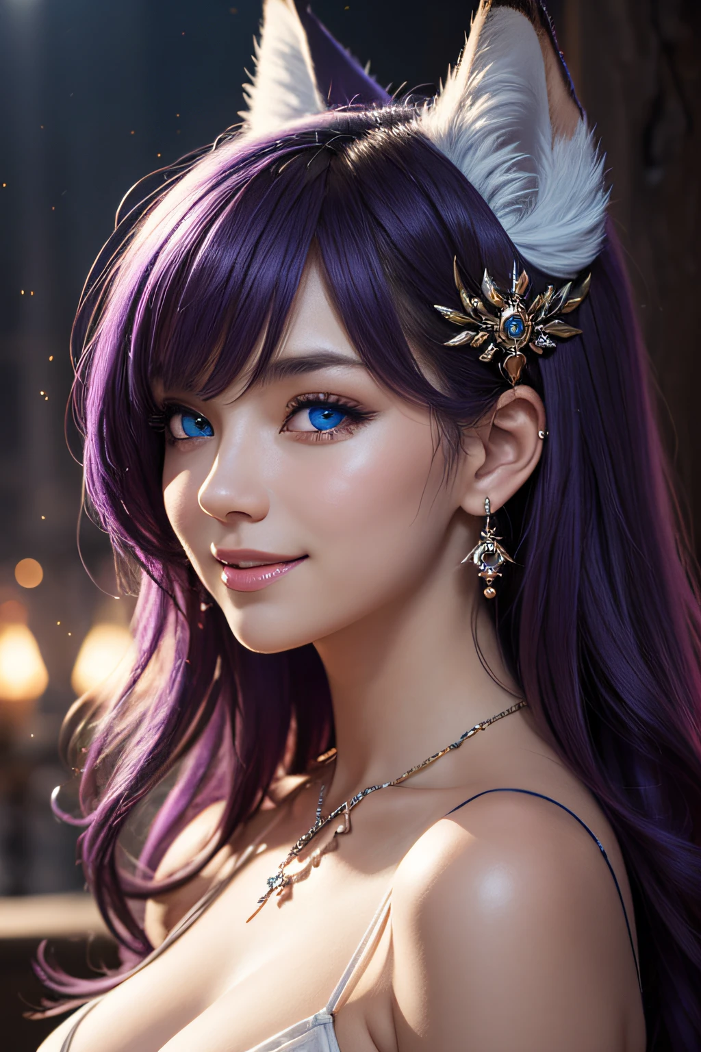 ((masutepiece)), ((Best Quality)), (Ultra-detailed), ((kawaii)), Cute, (lovely), ((Sexy)), (Ero), ((Extremely detailed)), 4K, (8K), Best Quality, (Beautiful), Illustration, Dynamic Angle, Upper body, sacred place, Pretty women, Solo, Witch, Beautiful purple hair, Beautiful blue eyes, ((Beautiful eyes)), Fox ears, Hair ornaments, earrings, Necklace, Smile, luminous effect, shiny