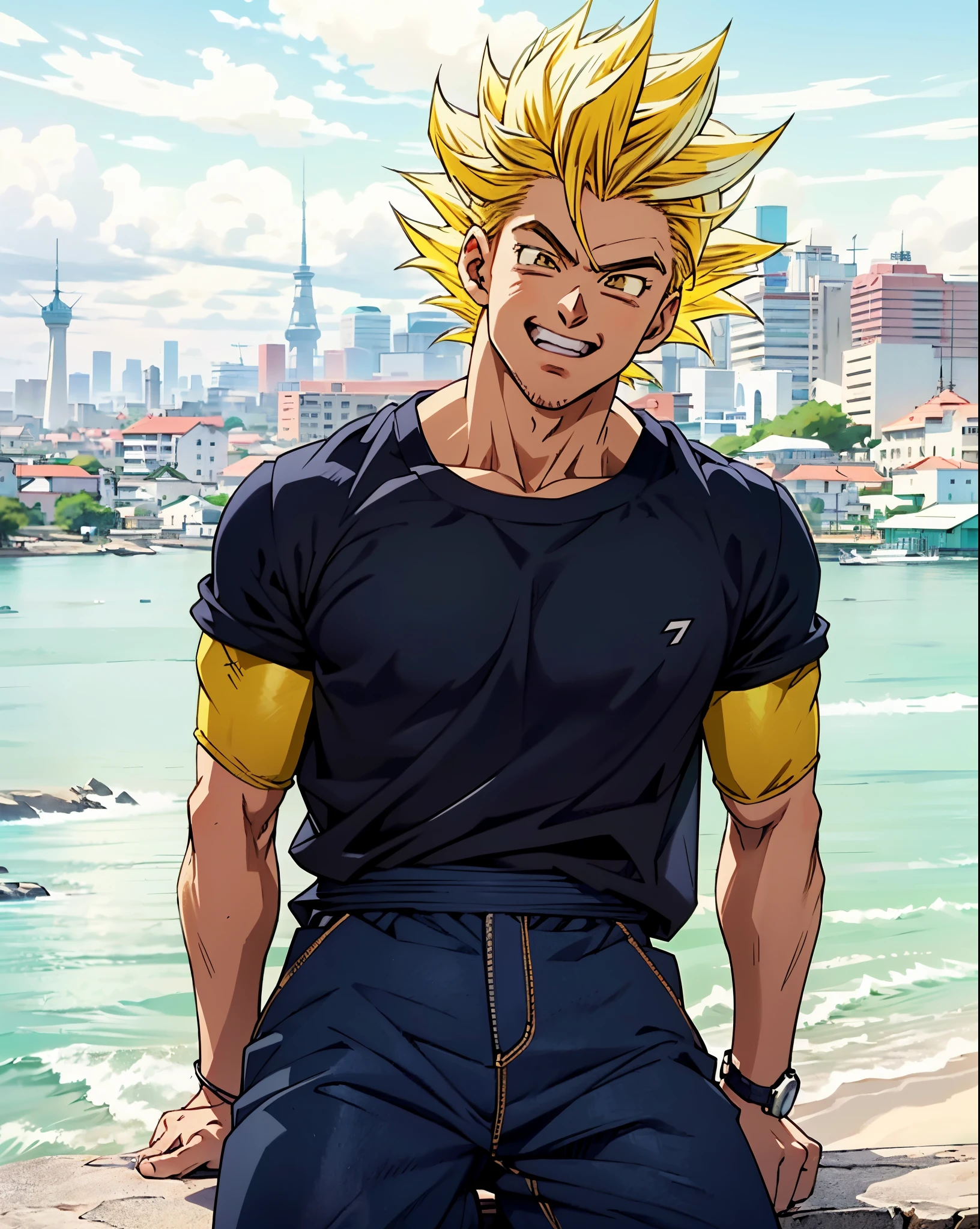 arafed man sitting on a ledge with a city in the background, super saiyan,(blond hair:1.5), ((yellow hair:1.5)),super saiyan goku, super sayan, super sayian goku, super saiyan 3, going super saiyan, dragon ball concept art, dragon ball artstyle, 4 k manga wallpaper, goku from dragon ball, an epic anime of a energy man, 4k anime wallpaper,smile,