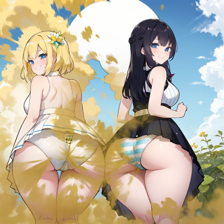 Girl and girl, two girls, twin girls , long hair, Black hair, blue eyes, (((full white dress))), (Sleeveless dress), (Short dress), blue white panties, (((horizontal striped panties))), massive ass, Turn around and look back, Smile, joy, smiling face, fart, onara, fart, farting, big fart, Fart from the ass, Yellow smoke, Yellow smoke is rising, Green fields, Sunny weather