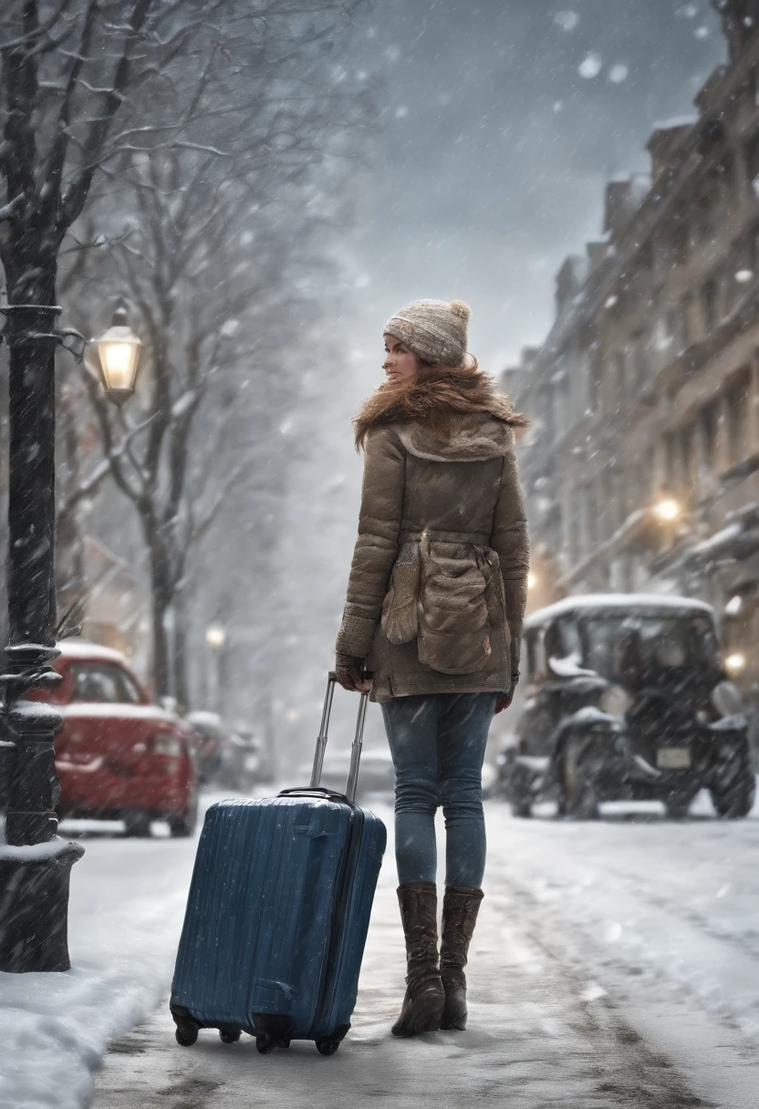 On a winter street, reality drawing, snow falling, a woman with a  Samsonite suitcase in her hand, and a dream