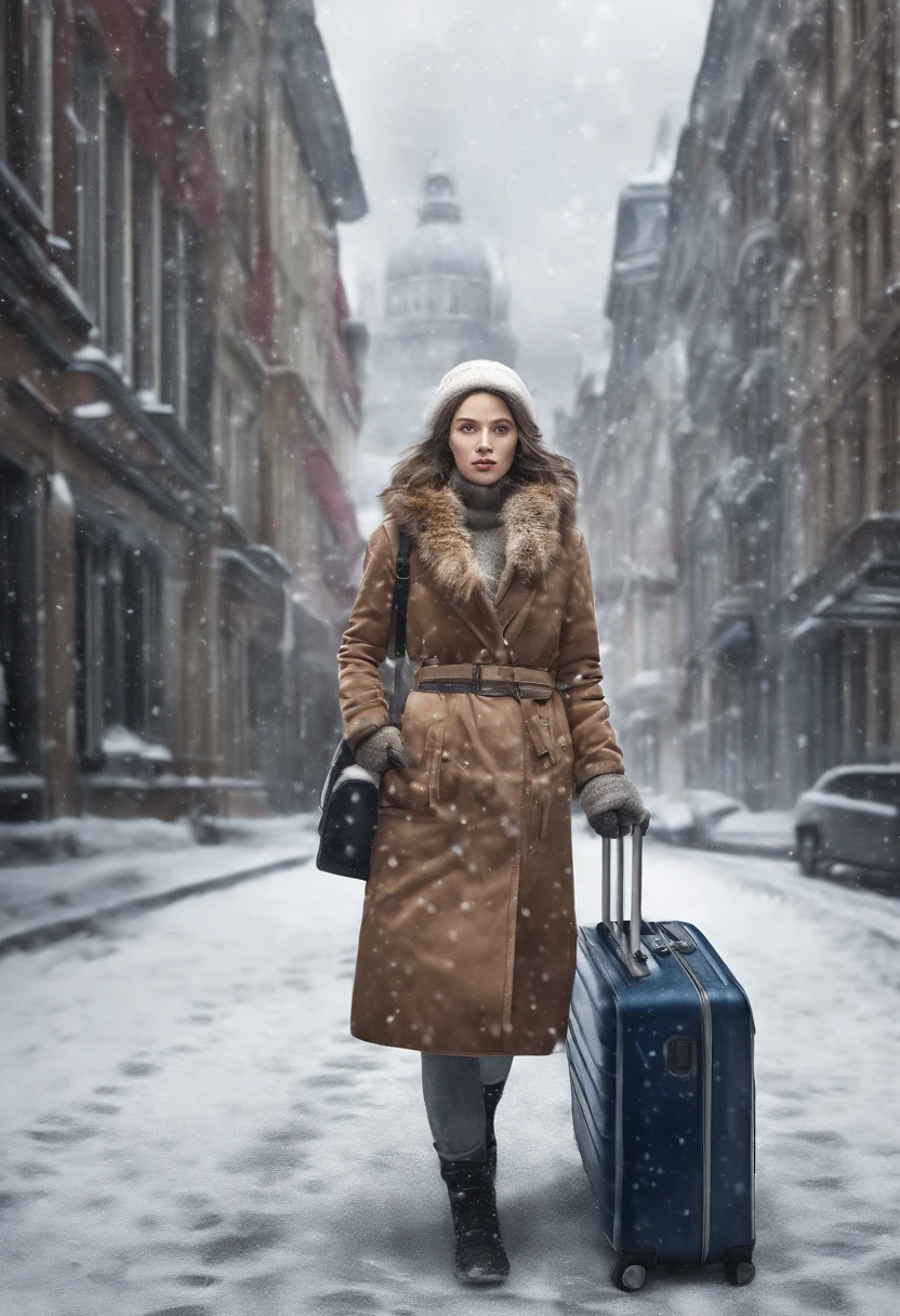 On a winter street, reality drawing, snow falling, a woman with a  Samsonite suitcase in her hand, and a dream