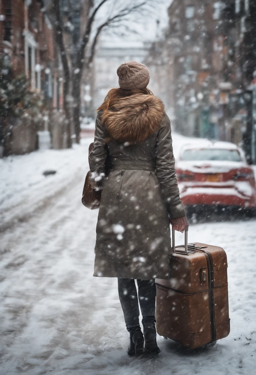On a winter street, reality drawing, snow falling, a woman with a  Samsonite suitcase in her hand, and a dream