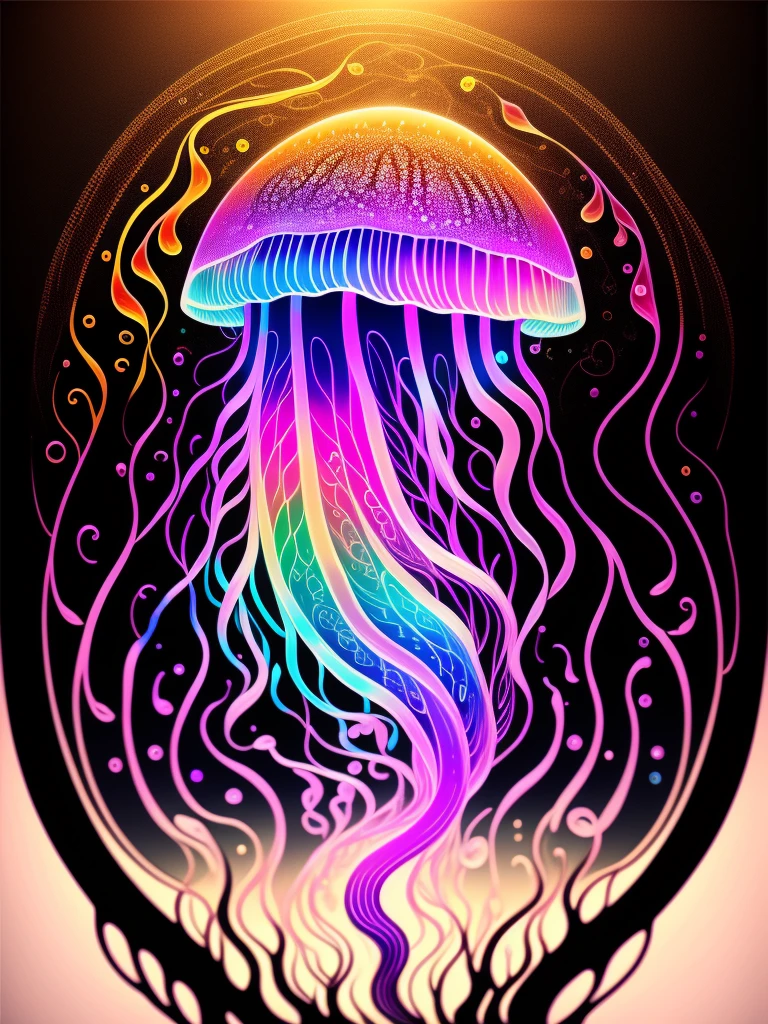 Colorful jellyfish drawing isolated on black background,black backgrounds, Breathtaking rendering, in a radiant connection, inspired by Kinuko Y. commerce,, magic elements, , pleura, is beautiful, Cast colorful spells, Bright flash, The Flash