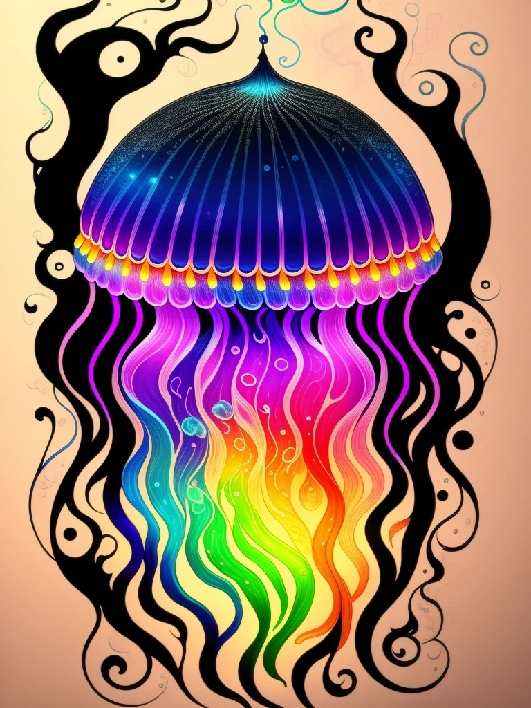 Colorful jellyfish drawing isolated on black background,, Breathtaking rendering, in a radiant connection, inspired by Kinuko Y. commerce,, magic elements, , pleura, is beautiful, Cast colorful spells, Bright flash, The Flash