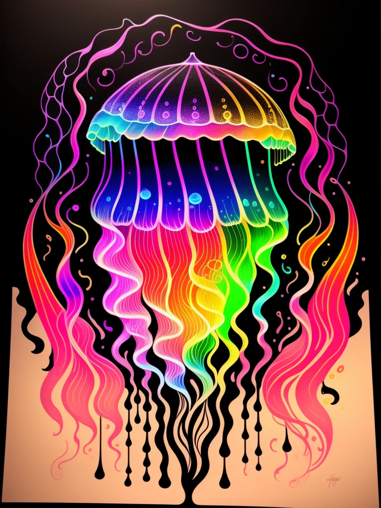 Colorful jellyfish drawing isolated on black background,, Breathtaking rendering, in a radiant connection, inspired by Kinuko Y. commerce,, magic elements, , pleura, is beautiful, Cast colorful spells, Bright flash, The Flash