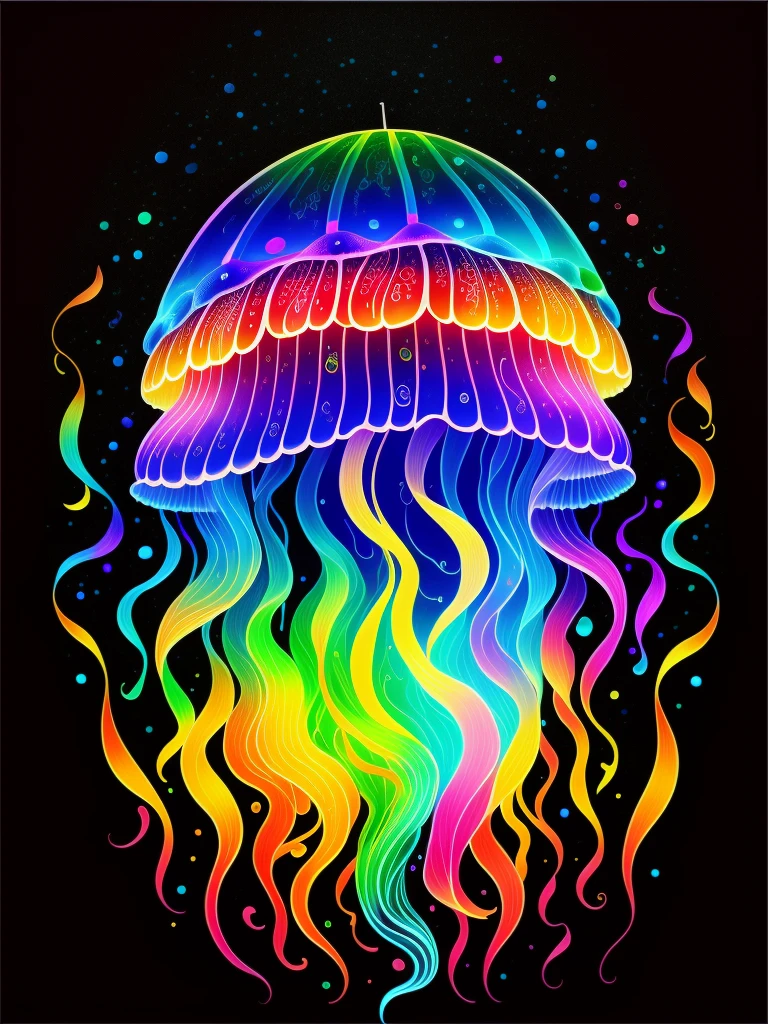 Colorful jellyfish drawing isolated on black background,black backgrounds, Breathtaking rendering, in a radiant connection, inspired by Kinuko Y. commerce,, magic elements, , pleura, is beautiful, Cast colorful spells, Bright flash, The Flash