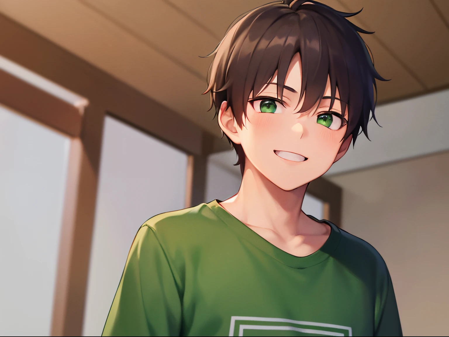 (in the night:1.1), masterpiece、hightquality、18 year old male with short brown hair and green eyes、Wearing a green T-shirt、(Alone:1.5)、(Gently smiling expression:1.1), is standing、(Only the upper body is shown.:1.3)、The background is a room、Bold composition、