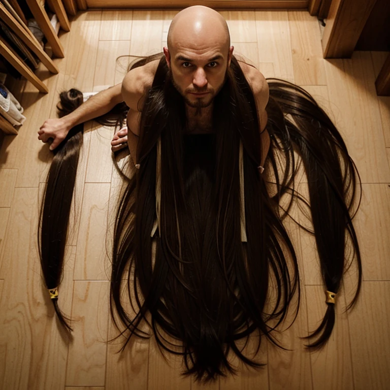 Bald guy surrounded by a floor full of long hair.
