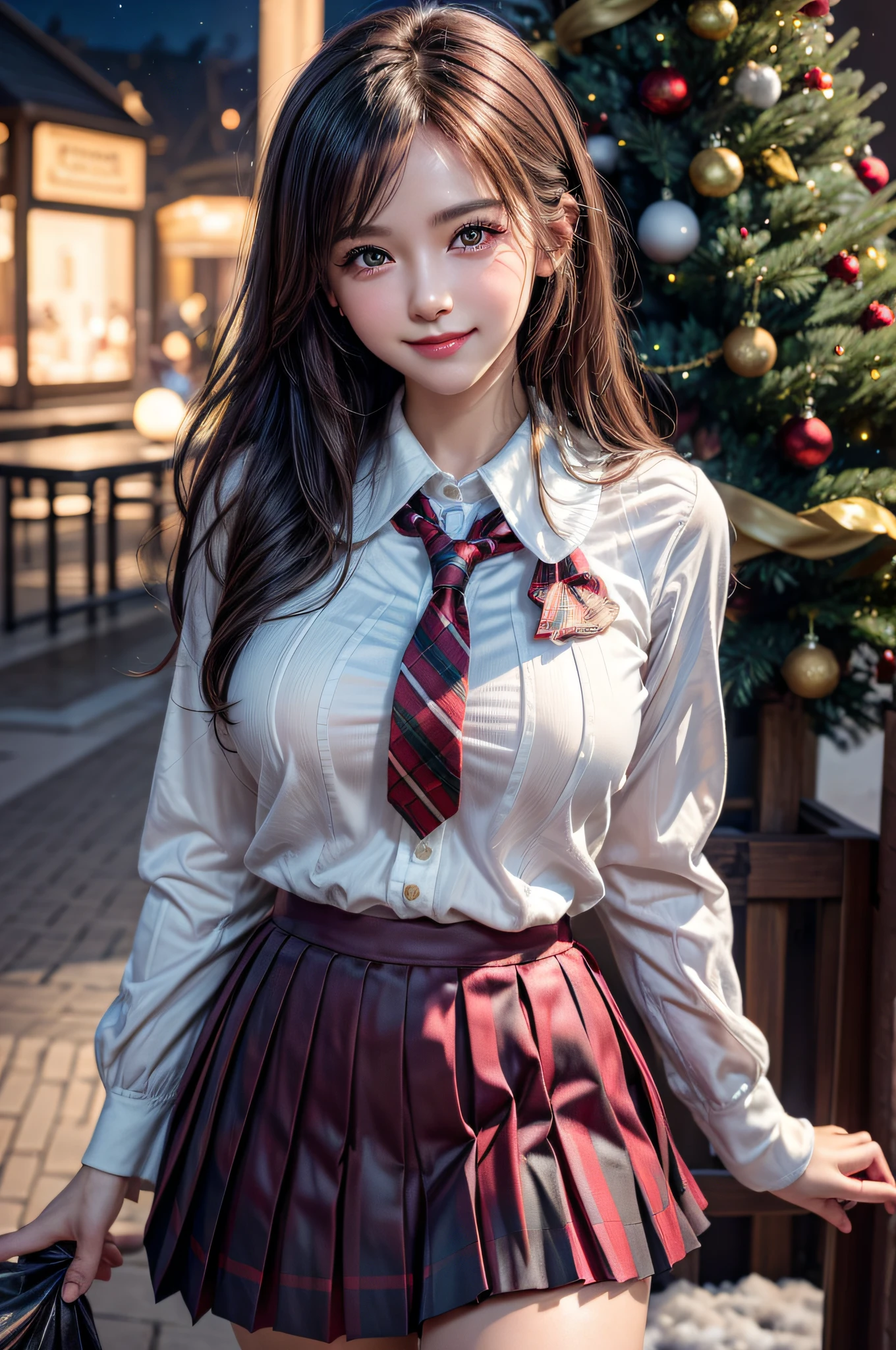 (1 cute girls), Extremely cute, Amazing face and eyes, (Beautiful lovely smile), (extremely detailed beautiful face), bright and shiny lips, (School uniform, Pleated skirt:1.3), (Best Quality:1.4), (hyper quality), (Ultra-detailed), (Hyper-realistic, Photorealsitic:1.37), Authentic skin texture, intricate-detail, extremely detailed CG unified 8k wallpaper, RAW Photos, professional photograpy, Cinematic lighting, Exposing, Christmas tree, Christmas Ornaments, Christmas Decorations, Christmas Lights, christmas lights,