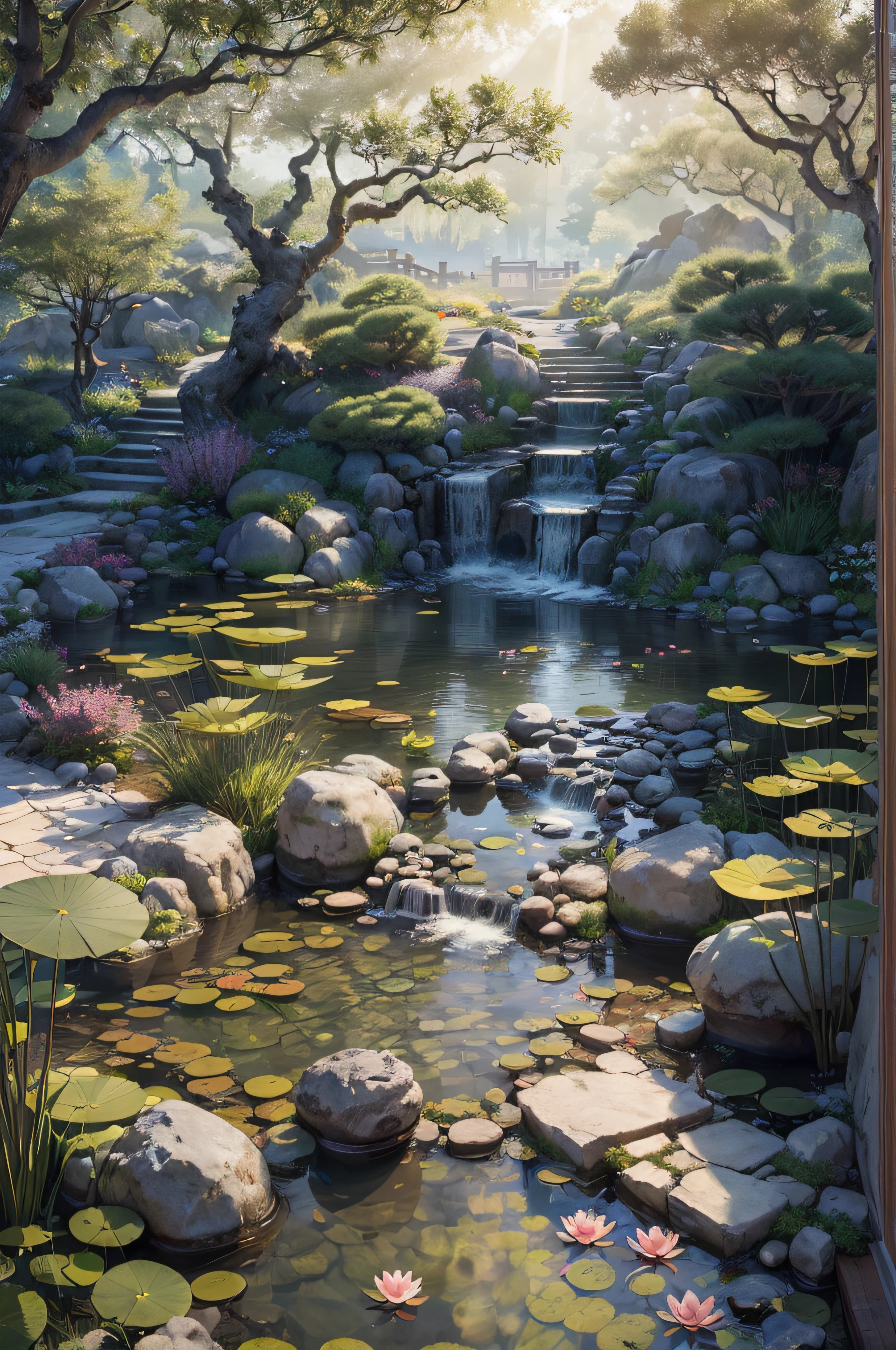 ((Best quality, masterpiece: 1.2)), CG, 8K, intricate details, cinematic perspective, (no one around), (Ancient Chinese garden), pond filled with lotus flowers, rocks, flowers, bamboo forests, waterfalls, wooded areas, small bridges spanning babbling streams, detailed foliage and flowers, (sunlight shining, sparkling waves), peaceful and serene atmosphere, ((soft and elegant colors)), ((exquisitely crafted composition))