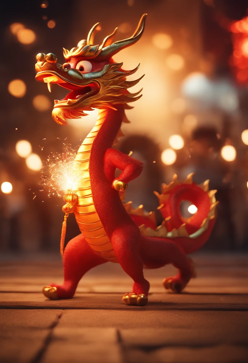chinesedragon、With a hat on,Foot on auspicious clouds,Tiny cute、Frontal lighting,ultra - detailed、8k、Realistic depiction、Holding an ingot、Lively night market in the background、fire works、Firecrackers