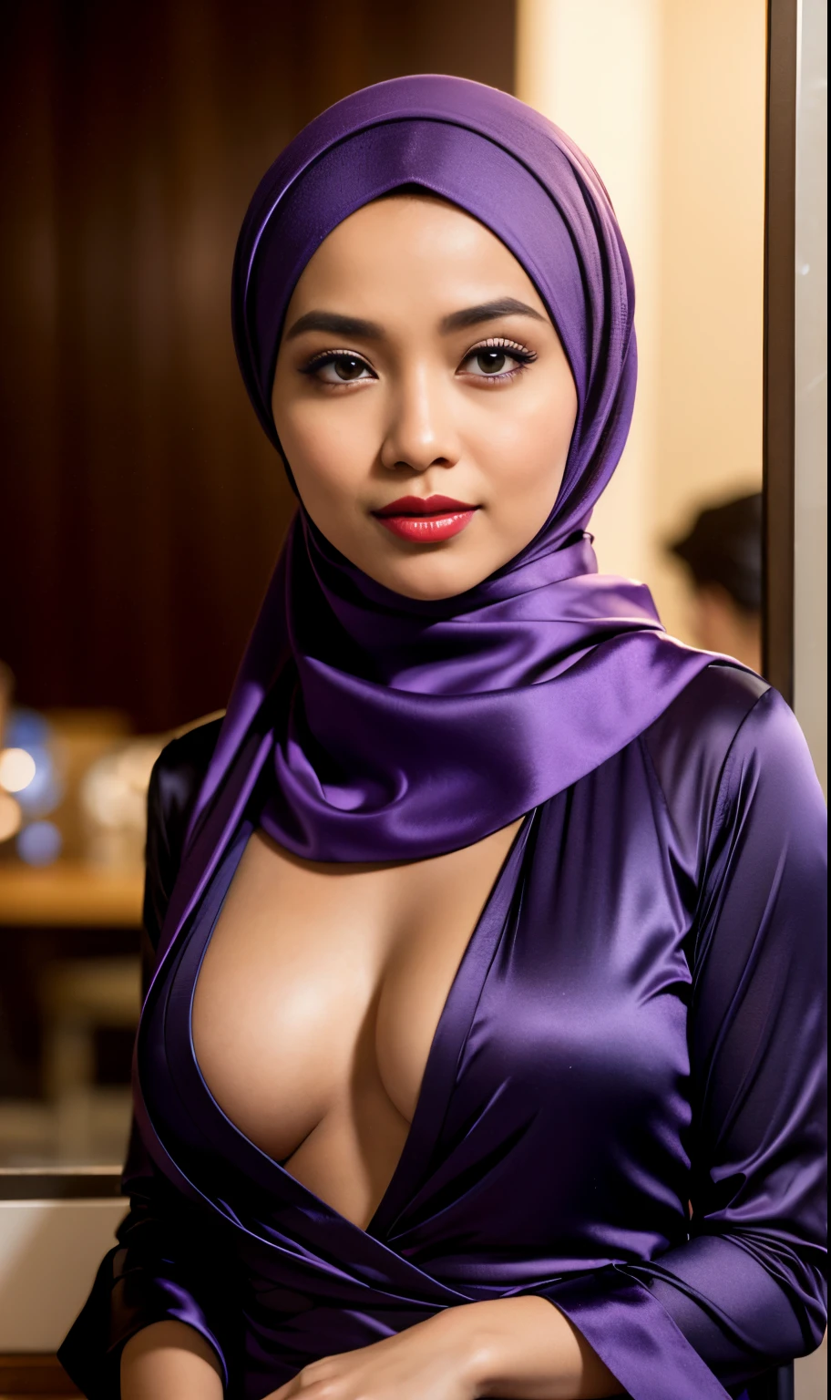 Half body portrait of a 33 years old malay woman sit in front of giant mirror, wearing hijab, wearing a fit purple satin blouse with satin green slack, narrow waist, indoor shot, looking up at coffee shop sign, soft lighting, smirk face, circle bokeh , big breast, catwalk, morningtime, surrounded by a comfortable, cool atmosphere, looking at the viewer. (Skin details:1.3), hairy hands, Hijab, slim, red lips, seductive with bokeh camera background