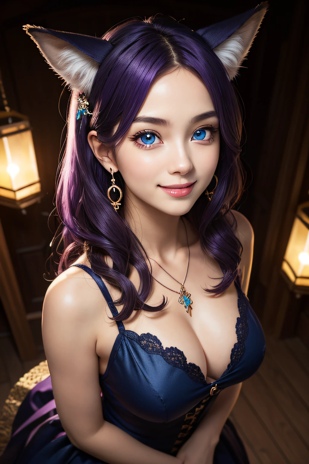 ((masutepiece)), ((Best Quality)), (Ultra-detailed), ((kawaii)), Cute, (lovely), ((y)), (Ero), ((Extremely detailed)), 4K, (8K), Best Quality, (Beautiful), Illustration, Dynamic Angle, Upper body, look down from above, sacred place, Pretty women, Solo, Witch, Beautiful purple hair, Beautiful blue eyes, ((Beautiful eyes)), Fox ears, Hair ornaments, earrings, Necklace, Smile, luminous effect, shiny