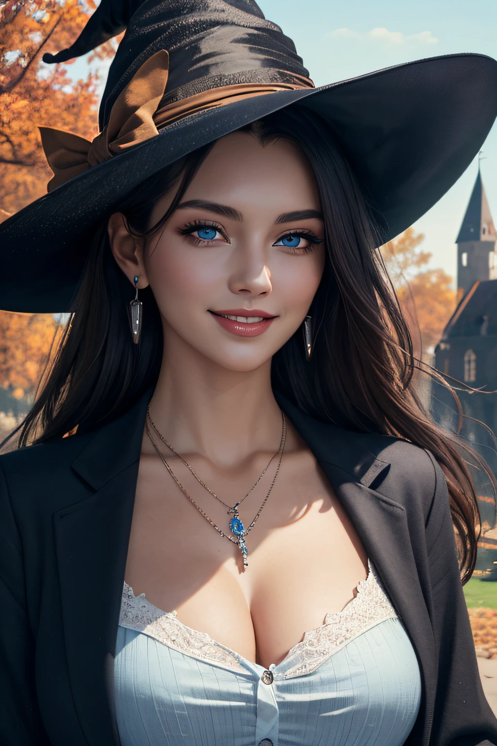 ((masutepiece)), ((Best Quality)), (Ultra-detailed), ((Extremely detailed)), 4K, (8K), Best Quality, (Beautiful), Illustration, Dynamic Angle, Cowboy Shot, castle, Autumn, morning, Pretty women, Solo, Witch, Beautiful black hair, Beautiful blue eyes, ((Beautiful eyes)), earrings, Necklace, Smile, luminous effect, shiny