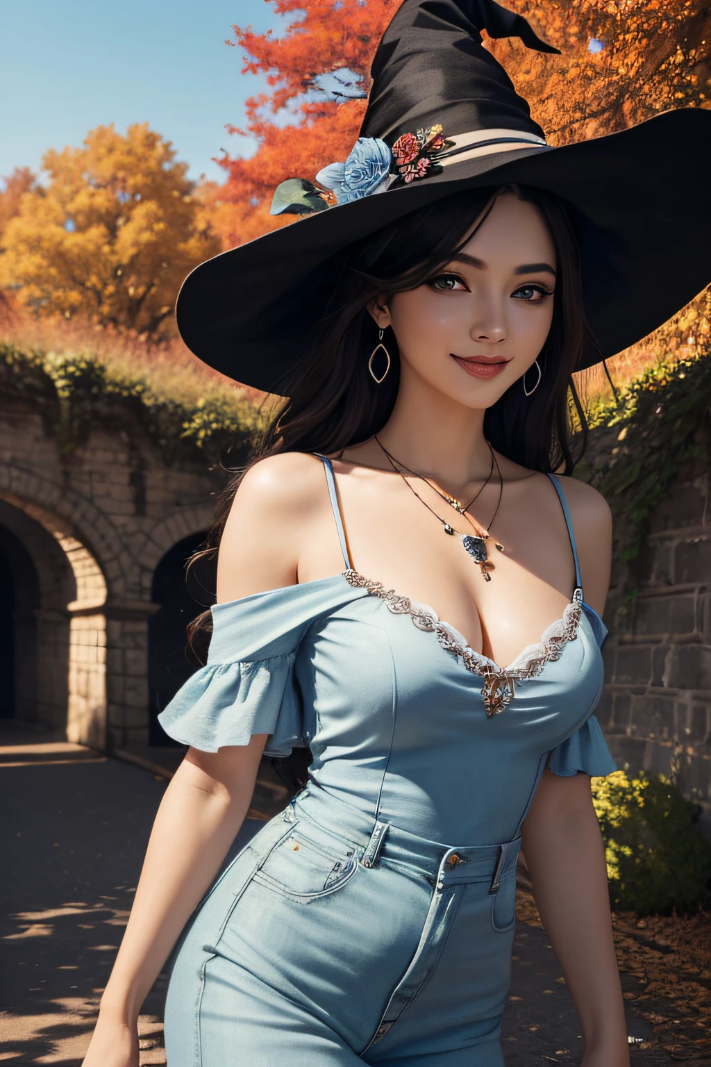 ((masutepiece)), ((Best Quality)), (Ultra-detailed), ((Extremely detailed)), 4K, (8K), Best Quality, (Beautiful), Illustration, Dynamic Angle, Cowboy Shot, castle, Autumn, morning, Pretty women, Solo, Witch, Beautiful black hair, Beautiful blue eyes, ((Beautiful eyes)), earrings, Necklace, Smile, luminous effect, shiny