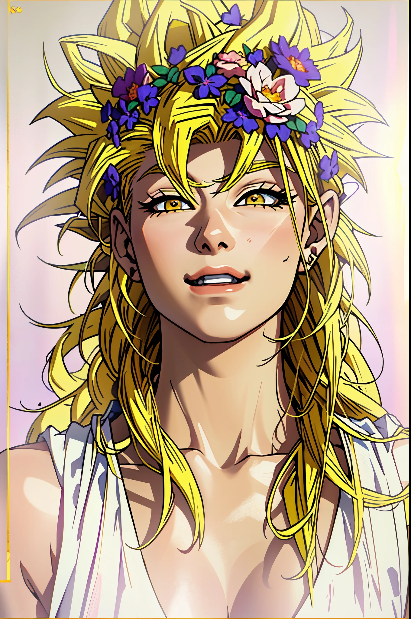 there is a woman with a flower crown on her head, super saiyan,(blond hair:1.5), ((yellow hair:1.5)),super saiyan goku, super sayan, super sayian goku, super saiyan 3, going super saiyan, dragon ball concept art, dragon ball artstyle, 4 k manga wallpaper, goku from dragon ball, an epic anime of a energy man, 4k anime wallpaper,smile,