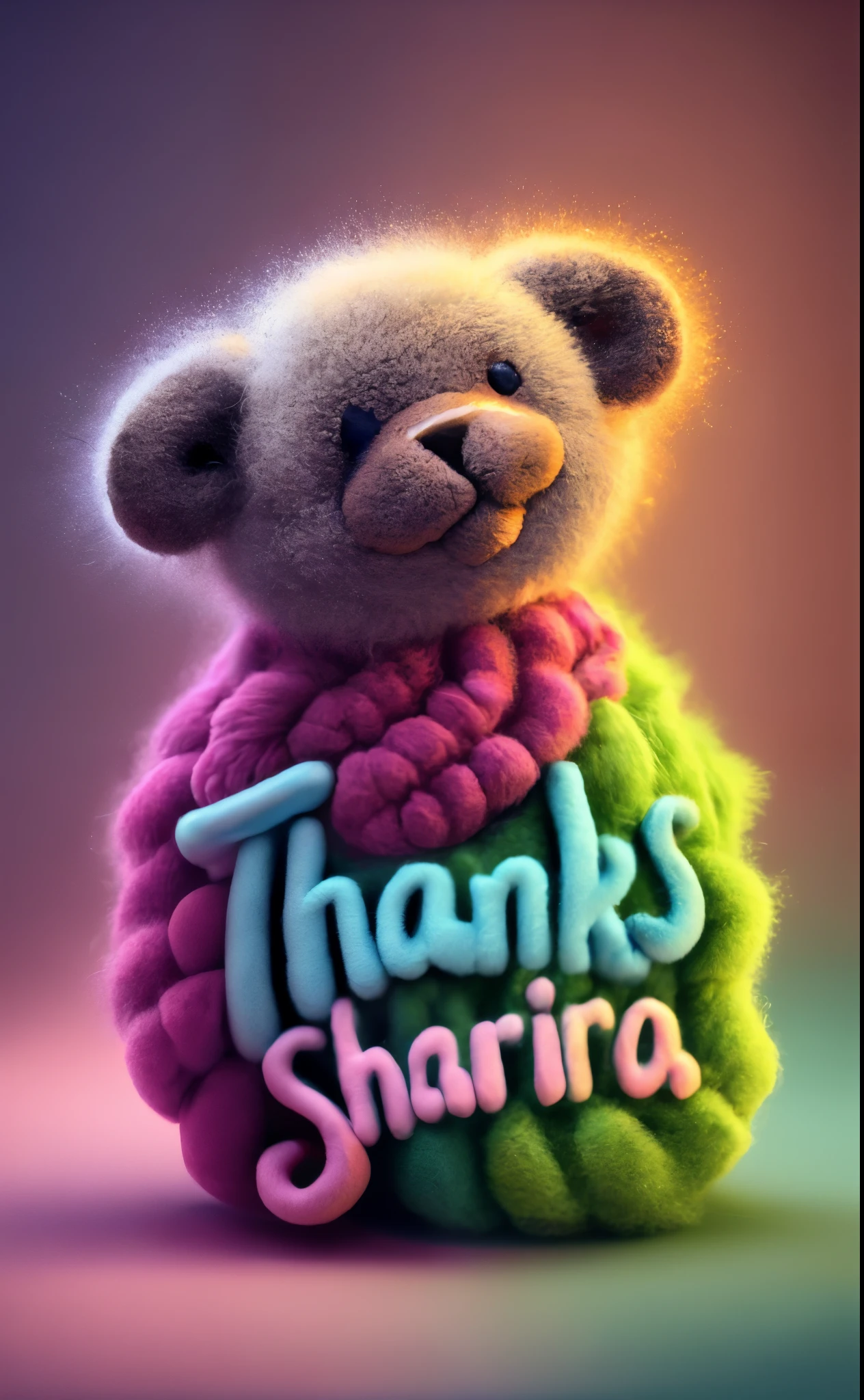 a close up of a teddy bear with a thank sign on it, profile picture 1024px, thank you, thank you very much, stuffed toy, adorable digital painting, stuffed animal, thanks, cute 3 d render, 3d shading, 3 d shading, album art, by Daryush Shokof, needle felting art, sharandula