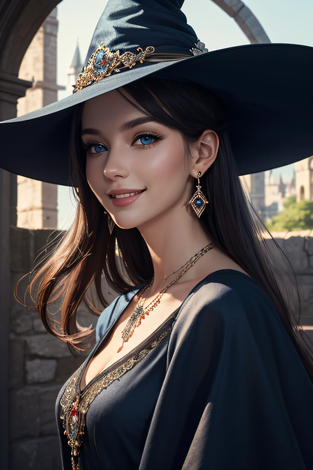 ((masutepiece)), ((Best Quality)), (Ultra-detailed), ((Extremely detailed)), 4K, (8K), Best Quality, (Beautiful), Illustration, Dynamic Angle, Upper body, castle, morning, Pretty women, Solo, Witch, Beautiful black hair, Beautiful blue eyes, ((Beautiful eyes)), earrings, Necklace, Smile, luminous effect, shiny