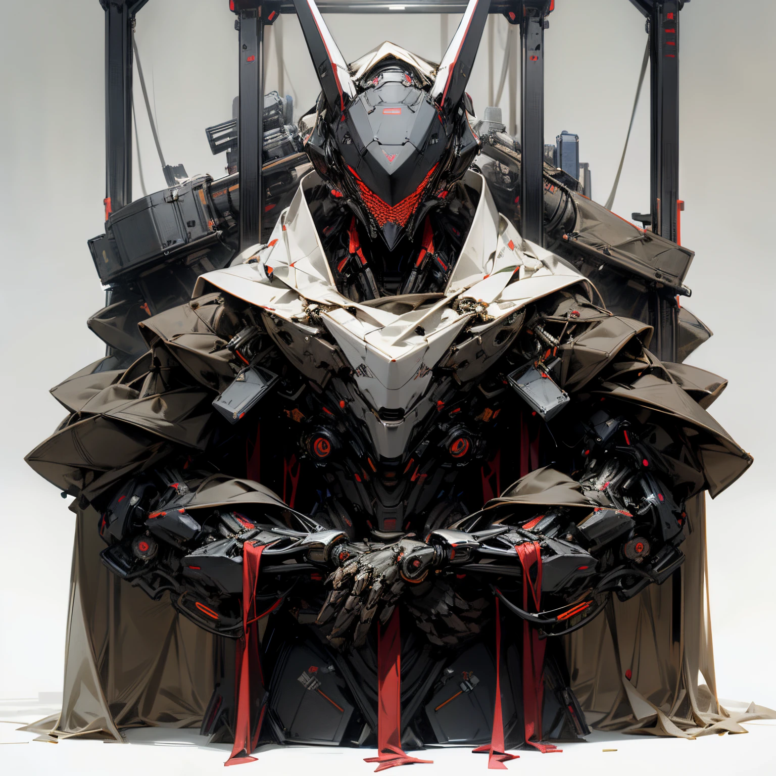 Standing at the ready, unique robot body, non-humanoid, very wide flat head, very strong frame, three eyes in the shape of a triangle on the face, wide head sticking out either side, very mechanical frame, mil-spec design, masculine design, robotic mask, menacing,