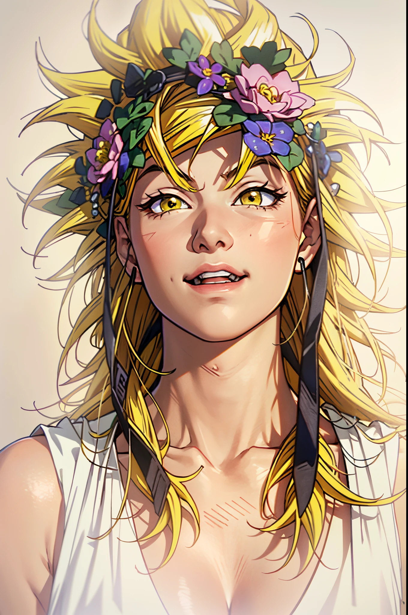 there is a woman with a flower crown on her head, super saiyan,(blond hair:1.5), ((yellow hair:1.5)),super saiyan goku, super sayan, super sayian goku, super saiyan 3, going super saiyan, dragon ball concept art, dragon ball artstyle, 4 k manga wallpaper, goku from dragon ball, an epic anime of a energy man, 4k anime wallpaper,smile,