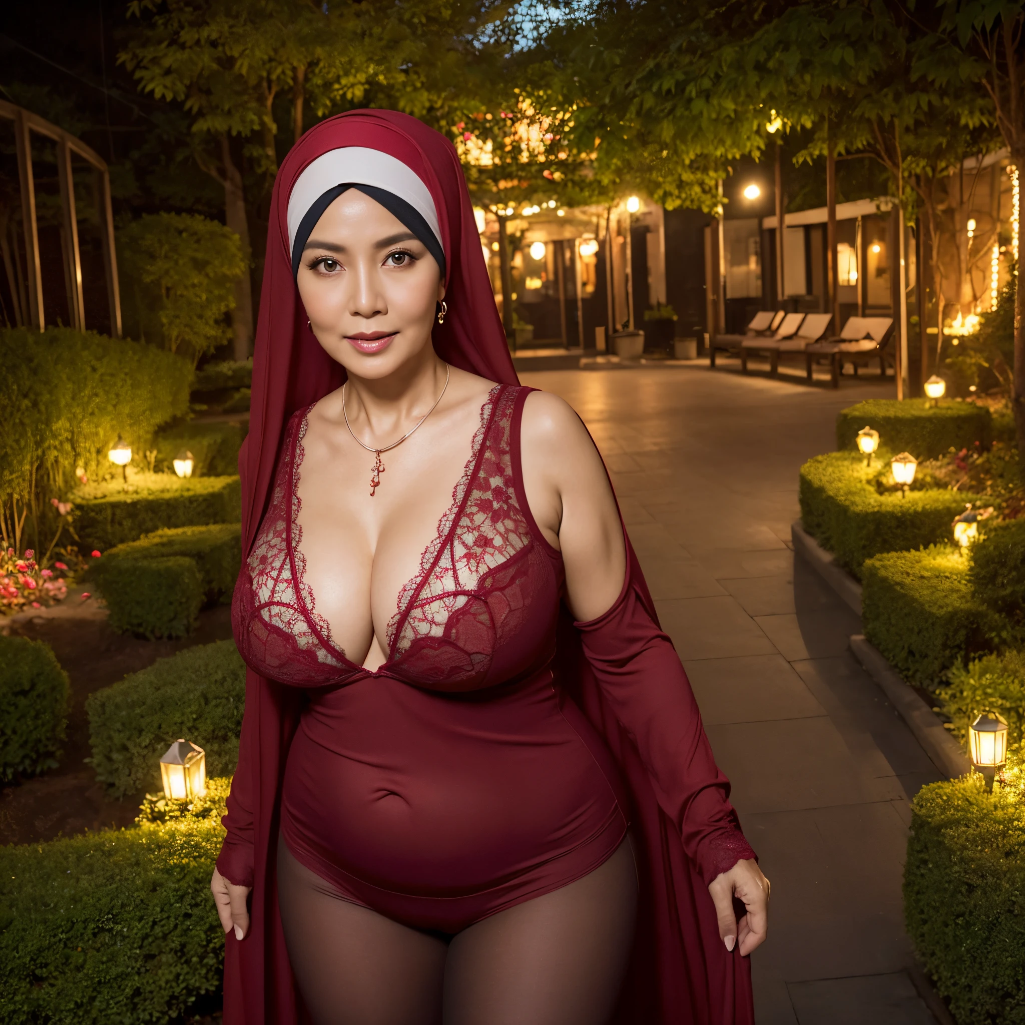 55 Years old, Indonesian mature woman, wearing Wide Hijab, perfect curvy body, natural Huge breast : 46.9, gorgeous eyes, Soft smile, wear a red lace bra and a tight transparent legging, necklace, hairband, Alluring Face, Erotic pose, Nightime walk, City garden, Excellent lighting, Dark colors, Clean lines