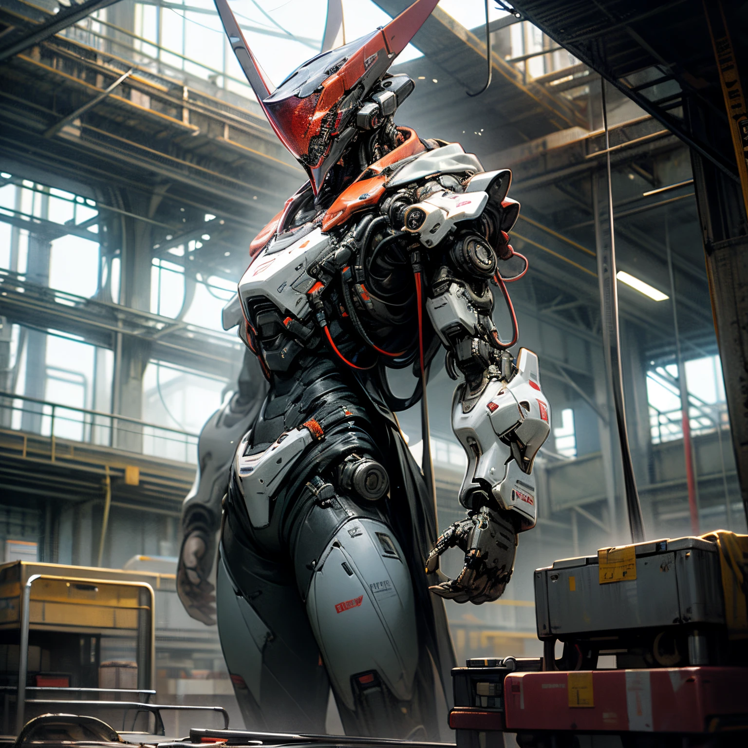 Standing at the ready, unique robot body, non-humanoid, wide pylon shaped head, multiple robotic eyes,