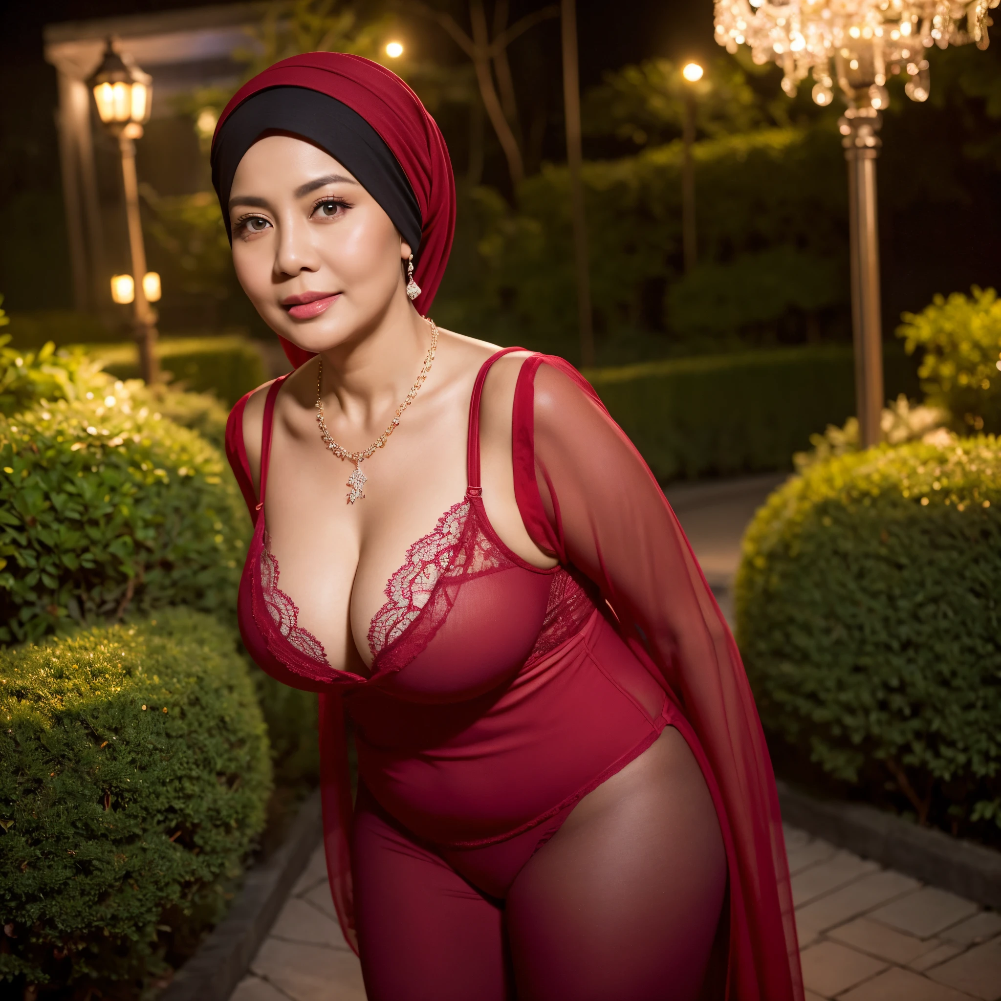 55 Years old, Indonesian mature woman, wearing Wide Hijab, perfect curvy body, natural Huge breast : 46.9, gorgeous eyes, Soft smile, wear a red lace bra and a tight transparent legging, necklace, hairband, Alluring Face, Erotic pose, Nightime walk, City garden, Excellent lighting, Dark colors, Clean lines