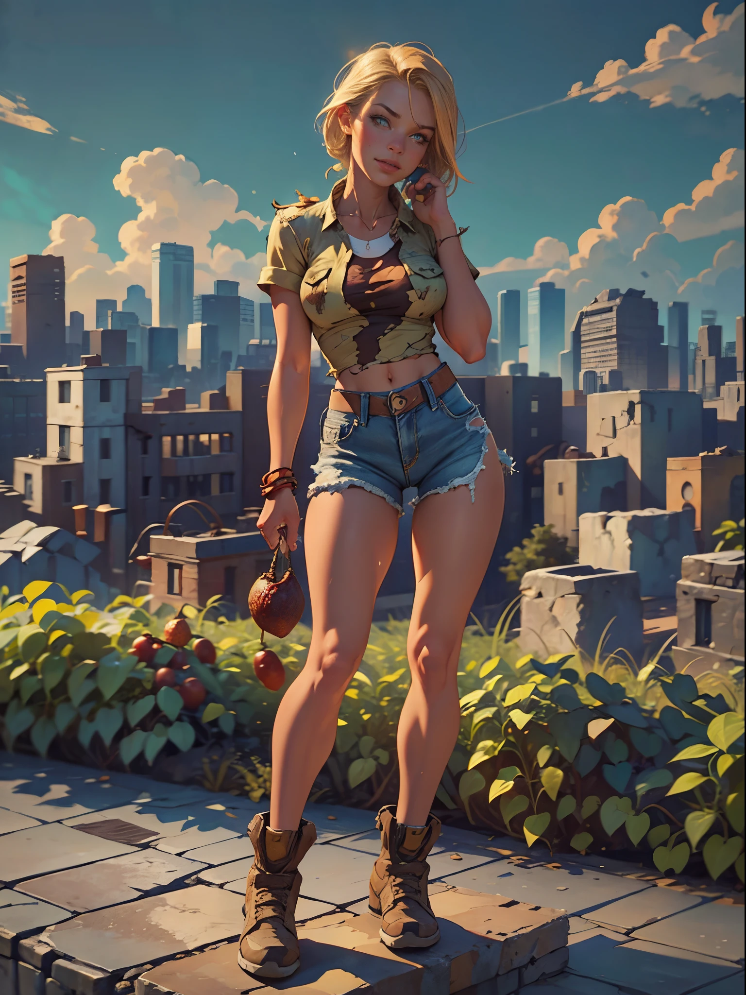 2076 year. The Urban Ruins of the Wasteland, Female huntress picking fruit in the garden, beautiful face, blonde, badly torn shirt and denim shorts , long legs, sweating through, sun rising, Nice warm colors, head to toe full body shot