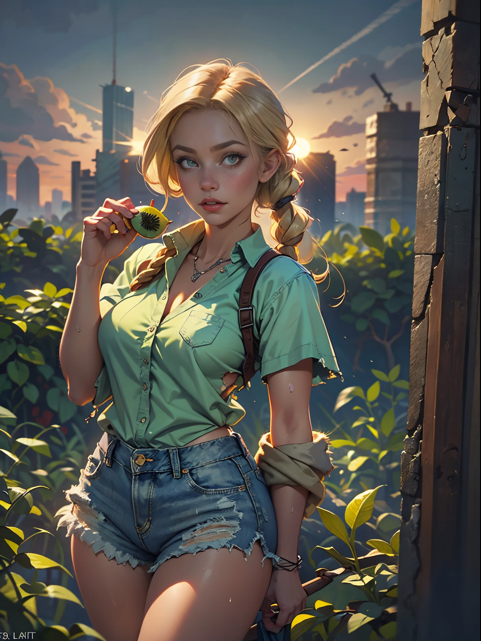 2076 year. The Urban Ruins of the Wasteland, Female huntress picking fruit in the garden, beautiful face, blonde, badly torn shirt and denim shorts , long legs, sweating through, sun rising, Nice warm colors, head to toe full body shot