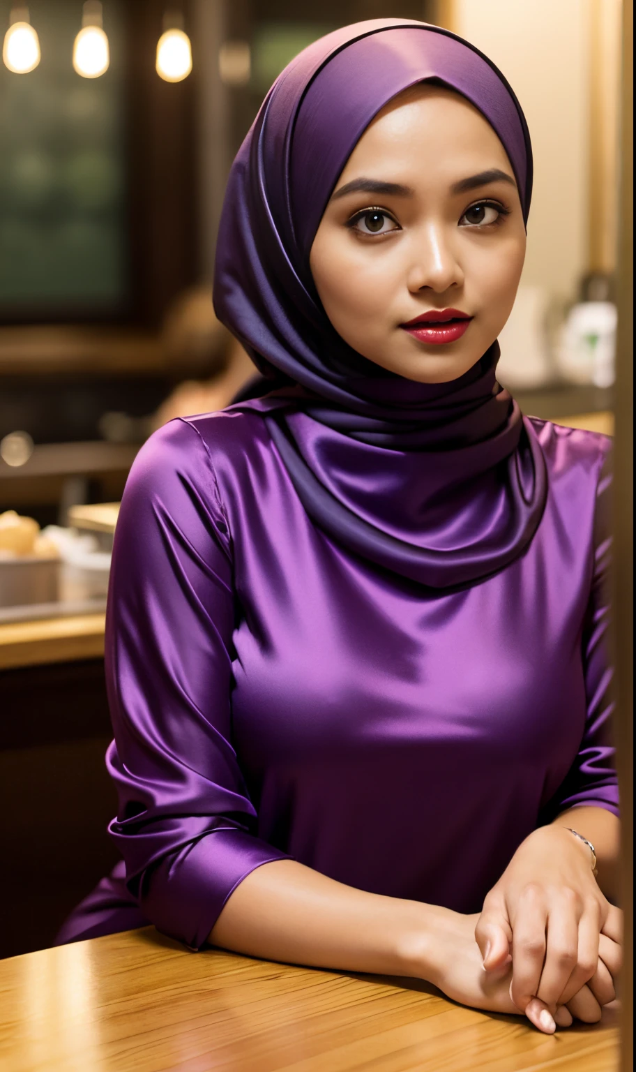 Half body portrait of a 33 years old malay woman sit in front of giant mirror, wearing hijab, wearing a fit purple satin blouse with satin green slack, narrow waist, indoor shot, looking up at coffee shop sign, soft lighting, smirk face, circle bokeh , big breast, catwalk, morningtime, surrounded by a comfortable, cool atmosphere, looking at the viewer. (Skin details:1.3), hairy hands, Hijab, slim, red lips, seductive with bokeh camera background
