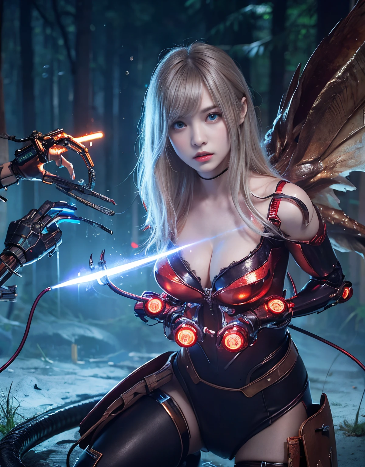 (1 Mechanical Girl)、top-quality、masterpiece、超A high resolution、(Photorealsitic:1.4)、Raw photo、1人、Fight mutants、glowy skin、(((1 Mechanical Girl)))、With a beautiful knife、(Red Metal Bodysuit)、(Fight goblings、ogre、Fierce battle with orcs),(Fight fiercely against aliens)、Fight fiercely、(beautiful forest background)、(Fighting Demonic Beasts)、(Small LED)、((super realistic details))、portlate、(Strong giant demon beast background),globalillumination、Shadow、octan render、8K、ultrasharp、Colossal tits、Raw skin is exposed in cleavage、metals、Details of complex ornaments、Japan details、highly intricate detail、Realistic light、(Mystical expression),CGSoation Trends、Blue eyes、radiant eyes、Facing the camera、neon details、(Mechanical limbs)、(blood vessels connected to tubes)、(Wires and cables connecting to the head)、Small LED、,Mechanical thighs、Toostock、(Hands are also made of machines)、(Attack of the Monster Beasts)、