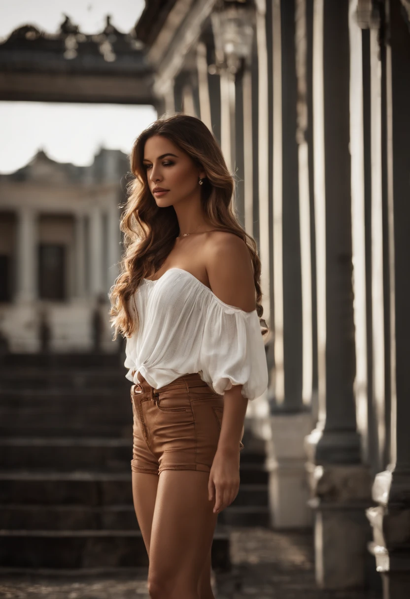 ((medium chest, cabelos longos, small head)), luz do dia, sunlight, (abdominais bem definidos: 1.1), (Corpo Perfeito: 1.1), (Cabelos curtos ondulados: 1.2), cabelo ruivo, colar, cadeia, foto de corpo inteiro, Rua Shabby, usando uma regata preta, Jaqueta jeans, ((shorts)), (papel de parede CG 8k extremamente detalhado), (extremamente delicado e bonito), (master part), (best quality: 1.0), (Ultra resolution: 1.0), beautiful lighting, perfect lightning, sombras realistas, [high resolution], skins detalhadas, ultra detalhado