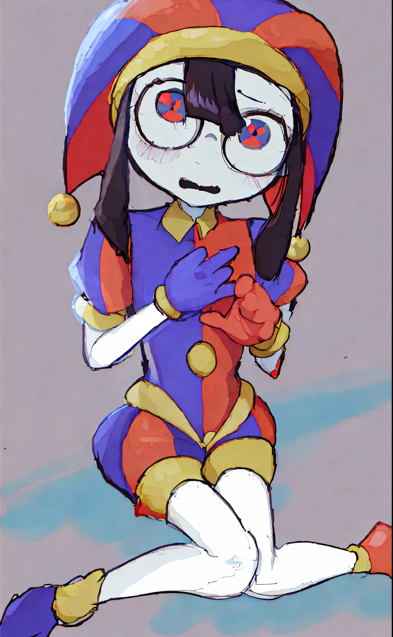 cartoon drawing of a woman dressed in a clown costume, dark brown hair, cutecore clowncore, y 2 k cutecore clowncore, jester themed, hero 2 d fanart artsation, high quality fanart, vriska serket, clown girl, 2d art, 2 d art, zerochan, by Kamisaka Sekka, zerochan art, homestuck, NSFW