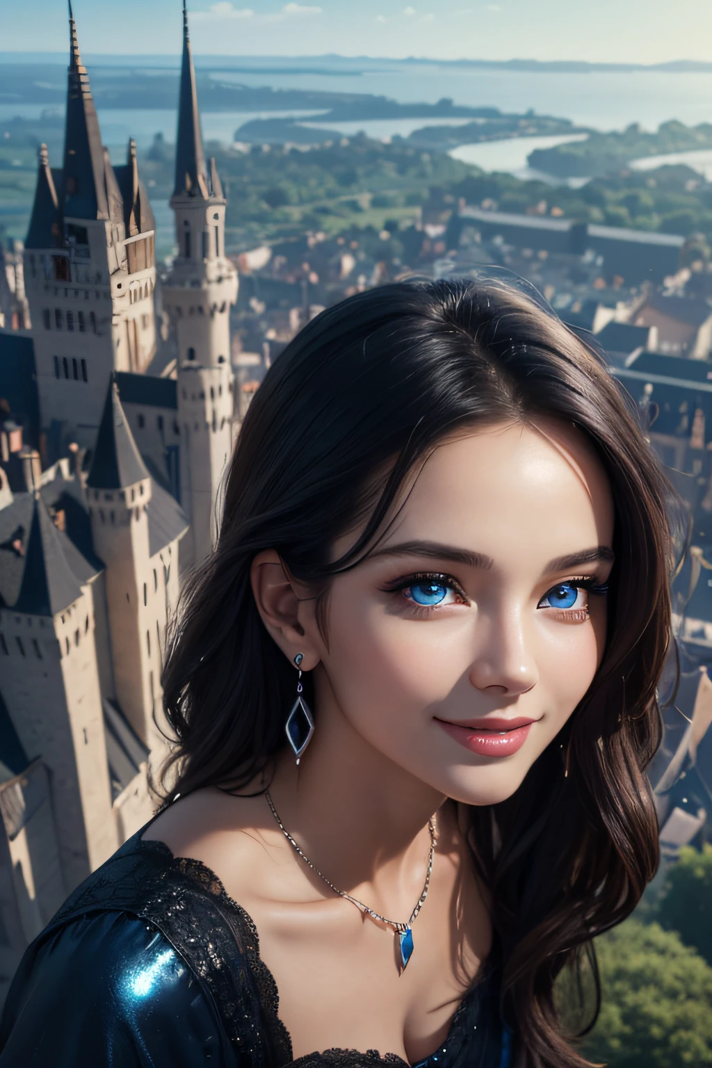 ((masutepiece)), ((Best Quality)), (Ultra-detailed), ((Extremely detailed)), 4K, (8K), Best Quality, (Beautiful), Illustration, Dynamic Angle, Upper body, look down from above, castle, morning, Pretty women, Solo, Witch, Beautiful black hair, Beautiful blue eyes, ((Beautiful eyes)), earrings, Necklace, Smile, luminous effect, shiny