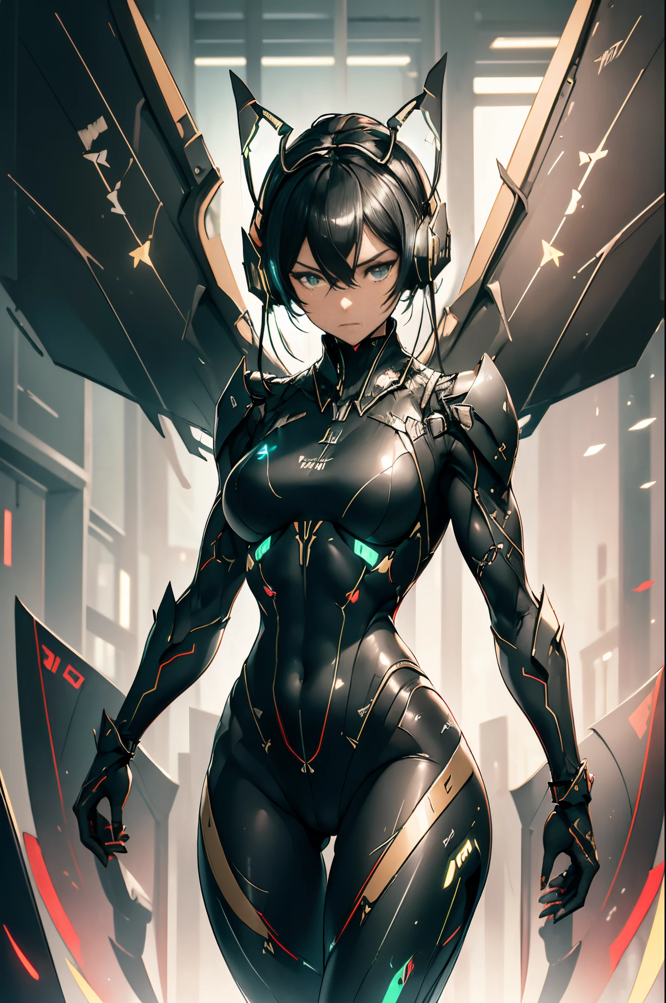 {{{{{masterpiece, best quality, official art, 8k, high resolution illustration}}}}}, 1girl, cute, 2d, japanese, hand drawn, anime style, girl in a smooth curve, matte black bodysuit inspired by a futuristic stealth bomber, (plane tail-ear headphones:1.6), The United States Air Force logo on outfit, standing on a runway military airport, gaze angled 30 degrees to the side, (fighter plane wings:1.6), black hair, (green matric eyes:1.2), dark sclera, cross pulpils, glowing eyes, dark uniform, thick thighs, serious, long legs, adult, detail wings, (muscular girl:1.5), black uniform, muscular arms, triceps, biceps, (8-pack abs:1.3), (deadly:1.2), (horrible:1.2), (piercing gaze:1.2), machine of death, emotionless android, the most dangerous weapon of the world, cyborg girl, strong girl, overwhelming presence, warlord, humamized fighter, red antennas on head, {black bodysuit}, black latex pants