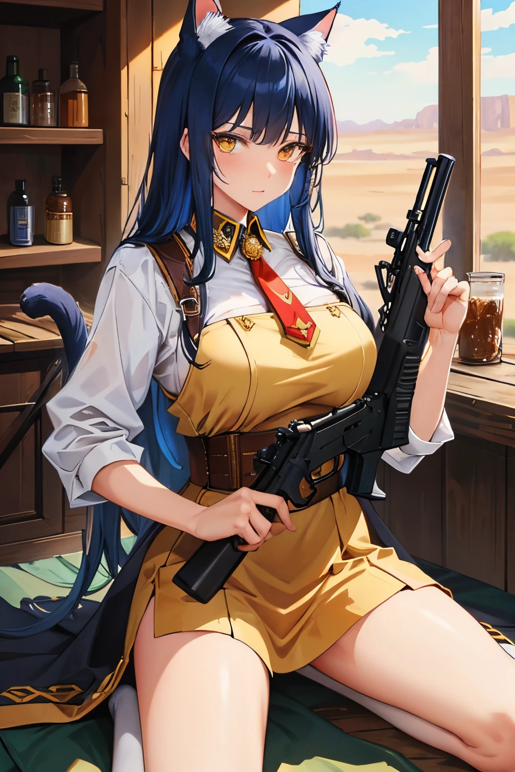 Powerful details of cat soldiers，Manhwa Style，Western style. The background is the tavern desert. The mighty and domineering cat sergeant holding two guns.