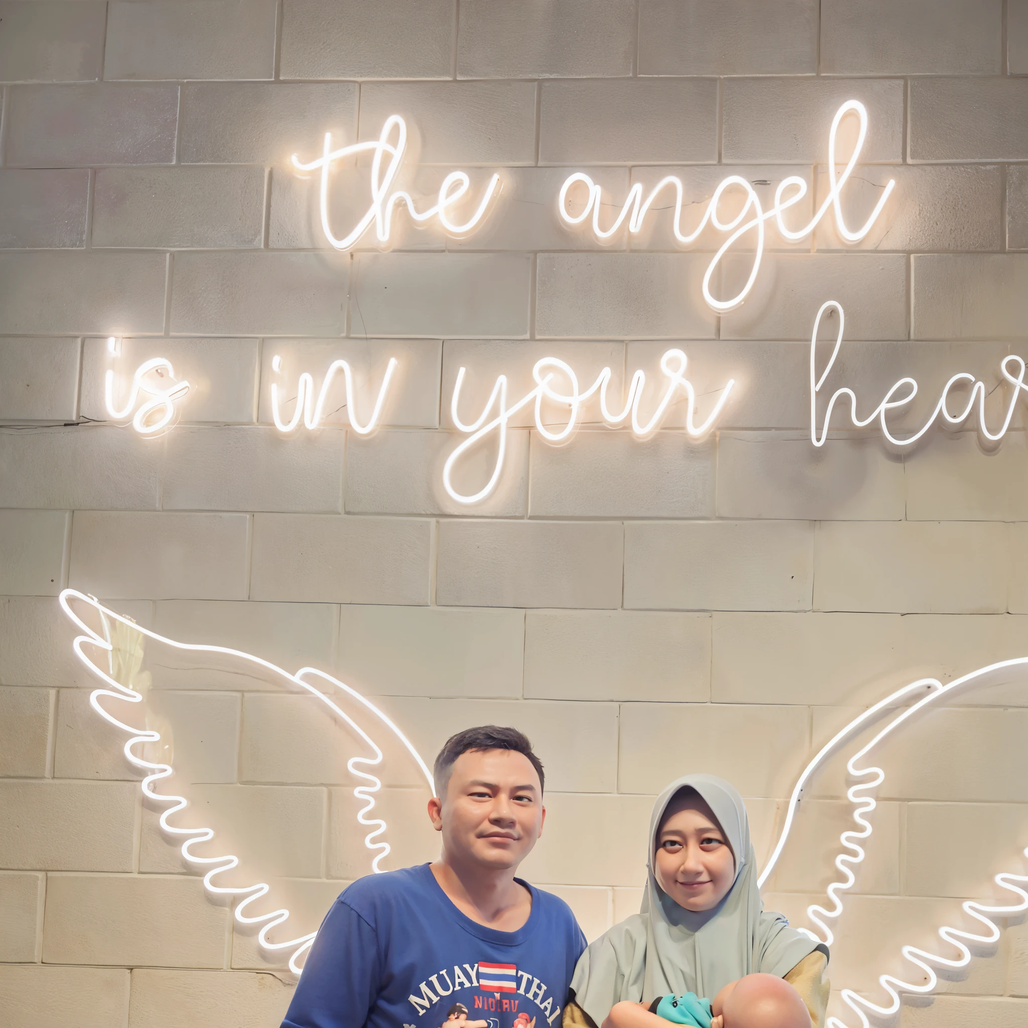 there is a man and woman standing next to a neon sign, happy family, angle, in a mall, an angel, wearing angel, momma and papa, at instagram, happy couple, 2 angels, angelic, wearing angel halo, one angel, with infinity, tron angel, family photo, picture, taken in 2 0 2 0, ismail, at a mall