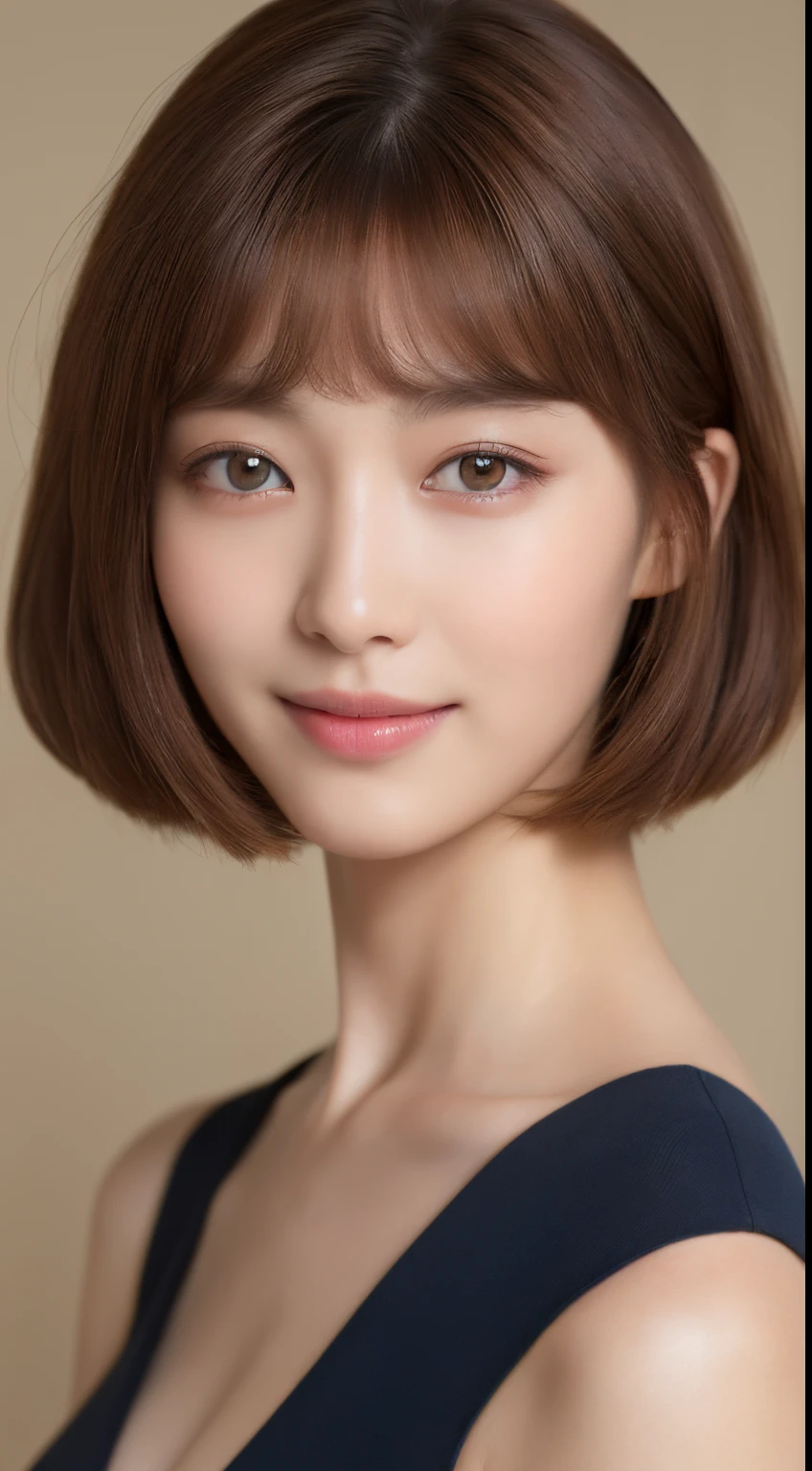 ((Best Quality, 8K, Masterpiece: 1.3)), 1 Girl, Slim Abs Beauty: 1.3, (Hairstyle Brown Hair Shortcut, Big: 1.2), Dress: 1.1, Super Slender Face, Delicate Eyes, Double Eyelids, Smile, Home, Raw Photo