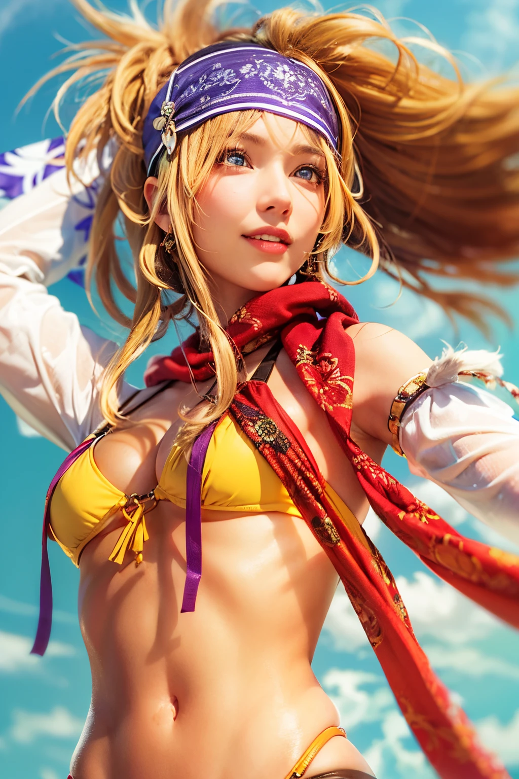 (masutepiece), A y、Natural light, Photorealistic, Cameltoe, diffuse glow, depth of fields, big eye、Eyes are green、a smile、Blonde long hair、The background is blue sky、profetional lighting、Purple bandana、Yellow swimsuit、Red muffler、