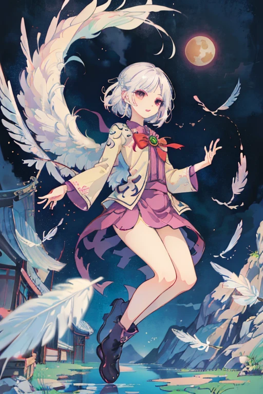 ((Best quality at best: 1.1), ((Anime girl in purple skirt)), in an art nouveau style, Shown in, ((white color hair))、Short hair details、((Jewel-like eyes and long transparent eyelashes))、Very beautiful girl, Anime manga girl, ((bare-legged)),Inspired by Reiko Ikemura, Aya Takano color style, Dragon Queen&#39;art-style, Tsundere personality, Guang Huili、with smile，Sit Pose，wings，Wings have white feathers，red color eyes，Booties，feathers floating in the air，Background light blue purple，themoon，（standing on your feet），（fly），Arrow hem，the complex background，kishin sagume，Chinese style architectural background